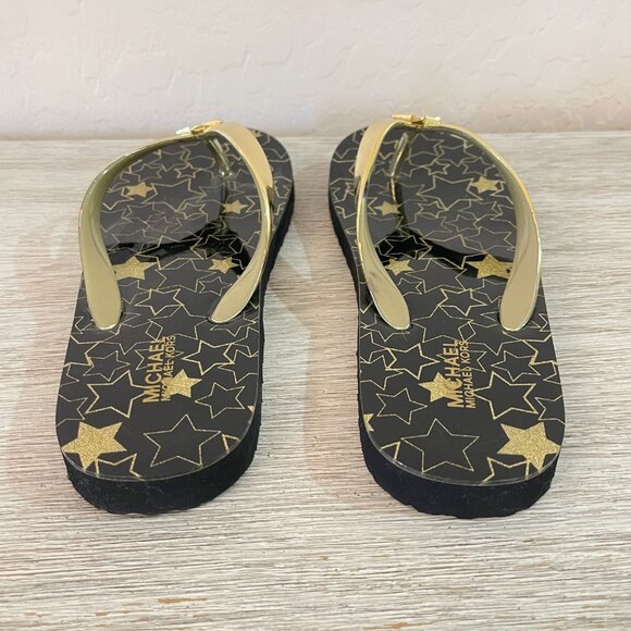 Michael Kors Sandals MK Flip Flops 6 Thong Gloss Black Metallic Gold Stars - Picture 4 of 12